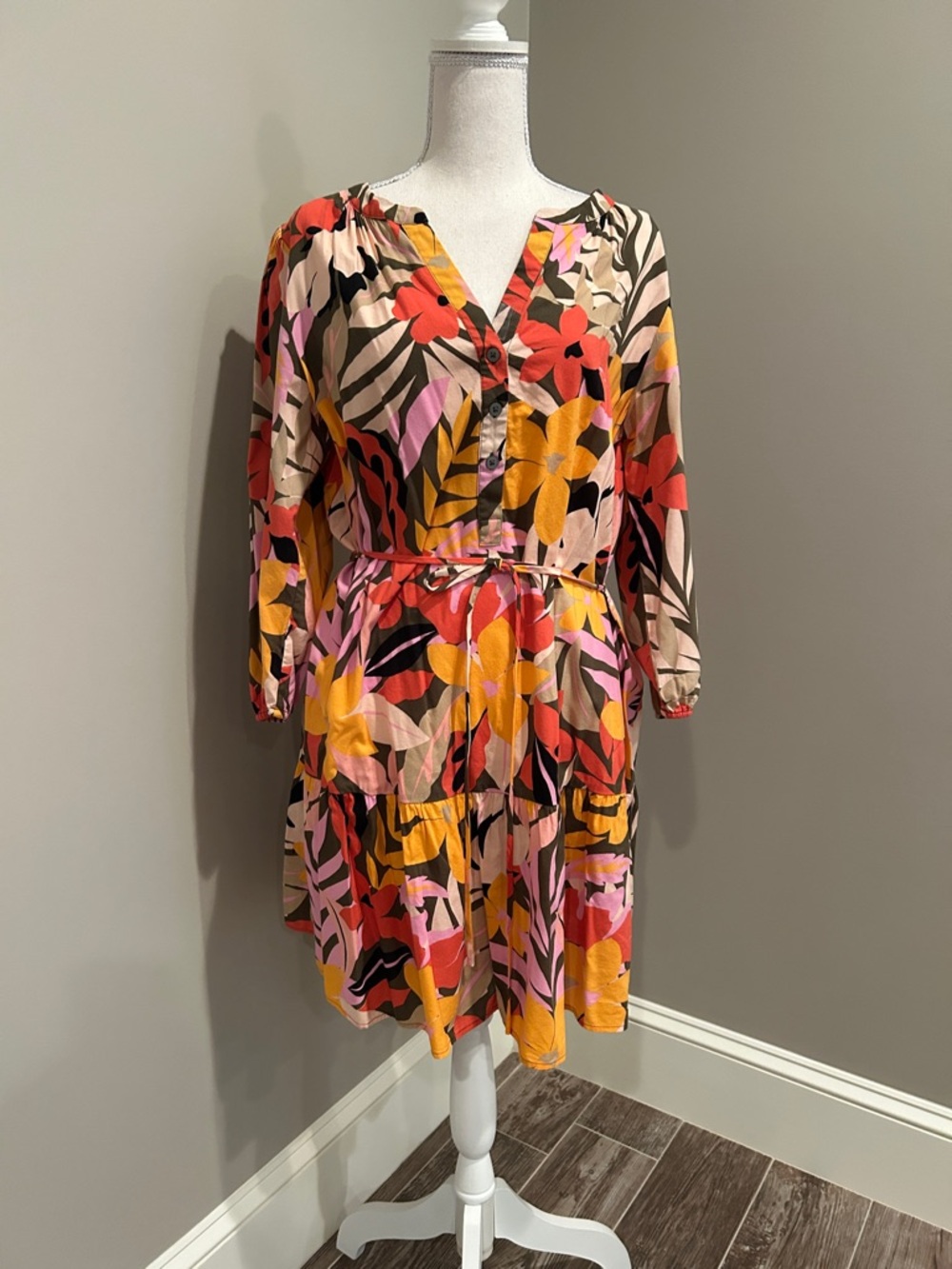 LOFT Multicolor Floral Tiered V-Neck Dress in Pink, Yellow, Red, Black
